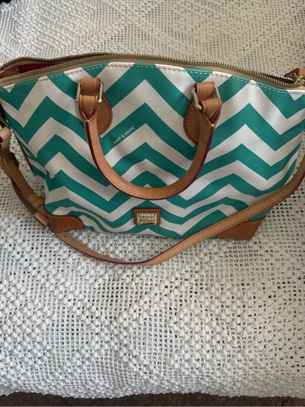 Dooney & Bourke Teal and White Chevron Tote with Tan Leather Trim